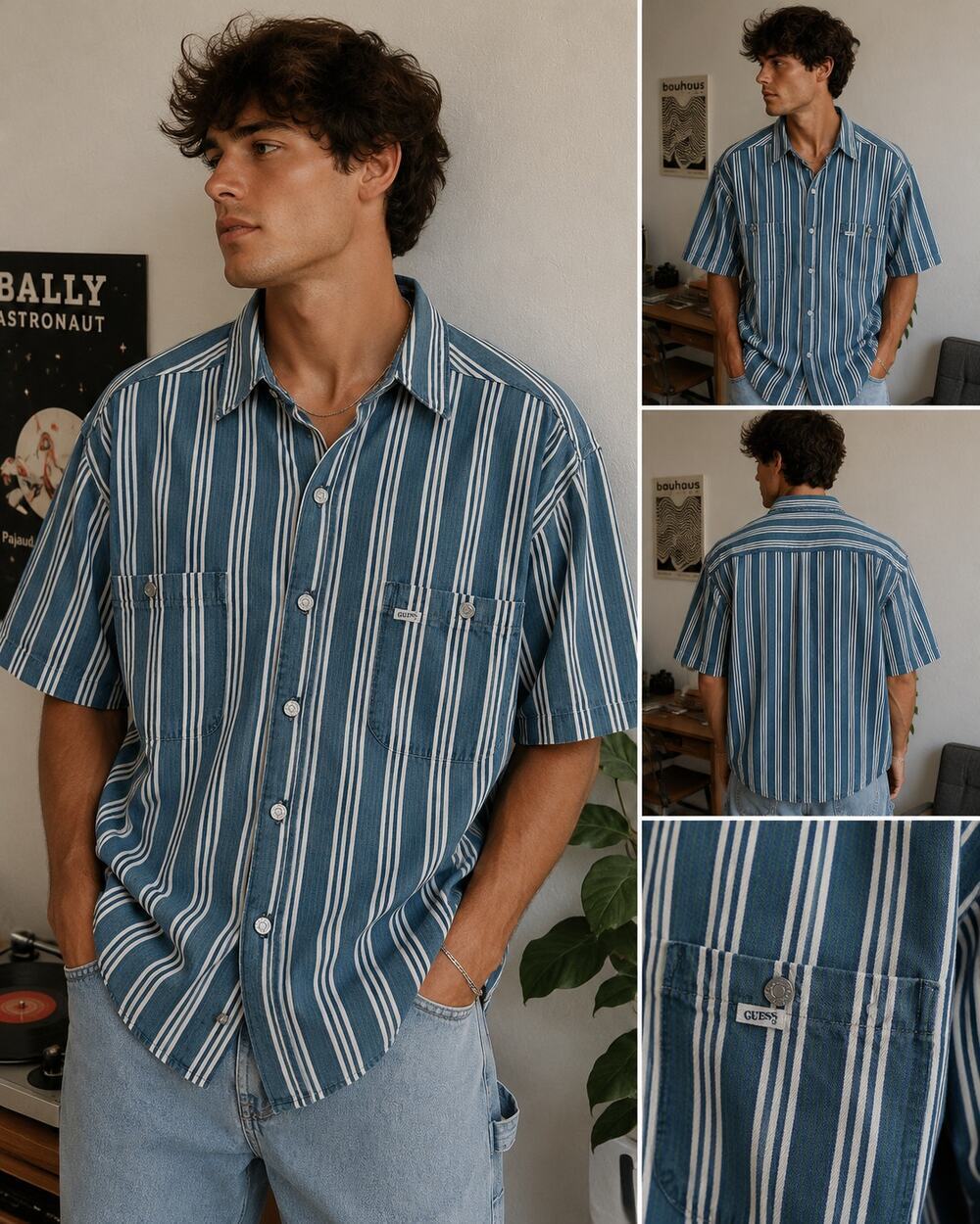 Vintage Guess Jeans Striped Button Up Shirt Men's Medium Blue Green 90S Made USA